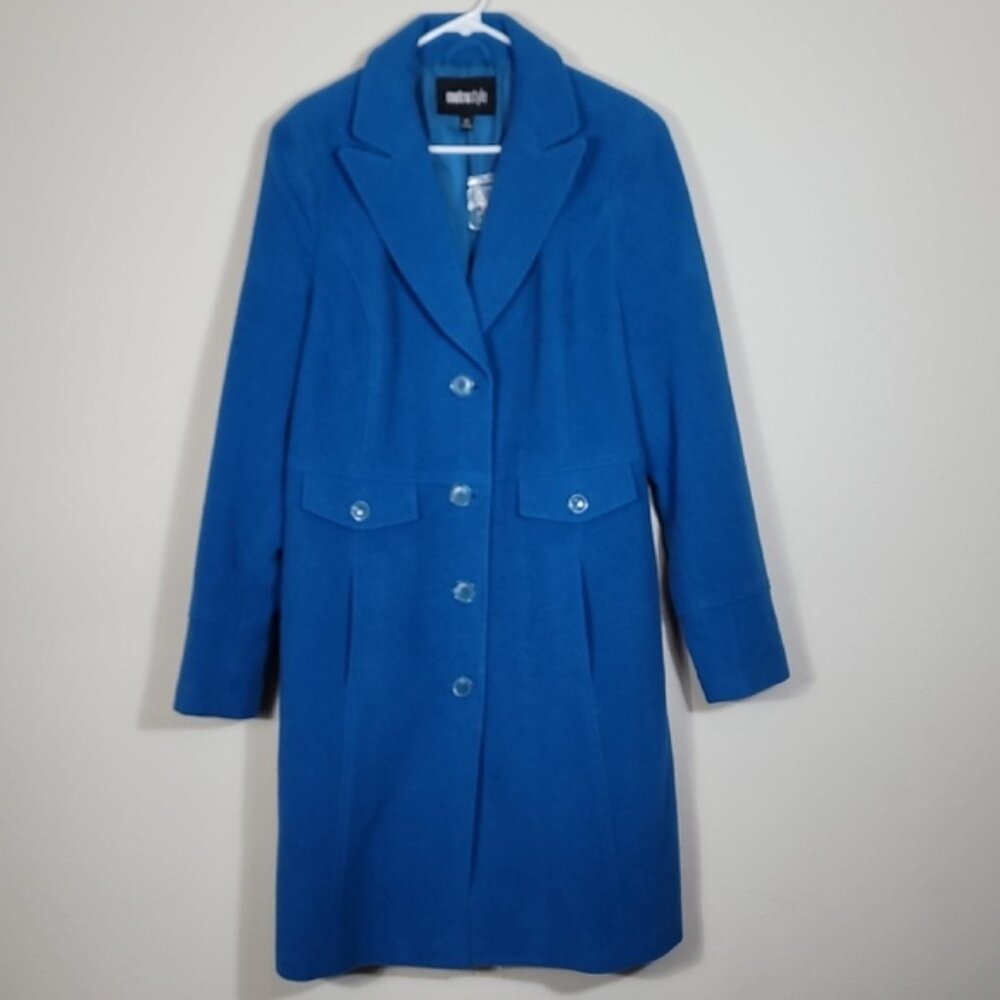 NWT MetroStyle Women Wool Trench Coat Size 12/M/L Teal Blue Button Up Pockets